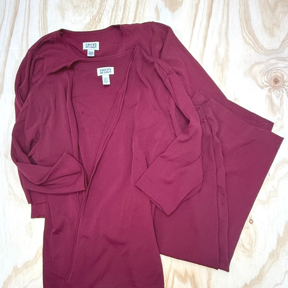 Chicos Design 3 Piece Set Burgundy Ribbed Knit Cardigan Top Wide Leg Pants Sz 3